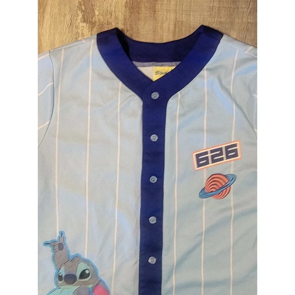 Disney Stitch‎ #626 Adult Small Baseball Jersey Blue Pinstripe Button Up